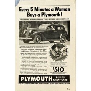 Plymouth "Every 5 Minutes A Woman Buys a Plymouth!" Vintage Print Ad 1936